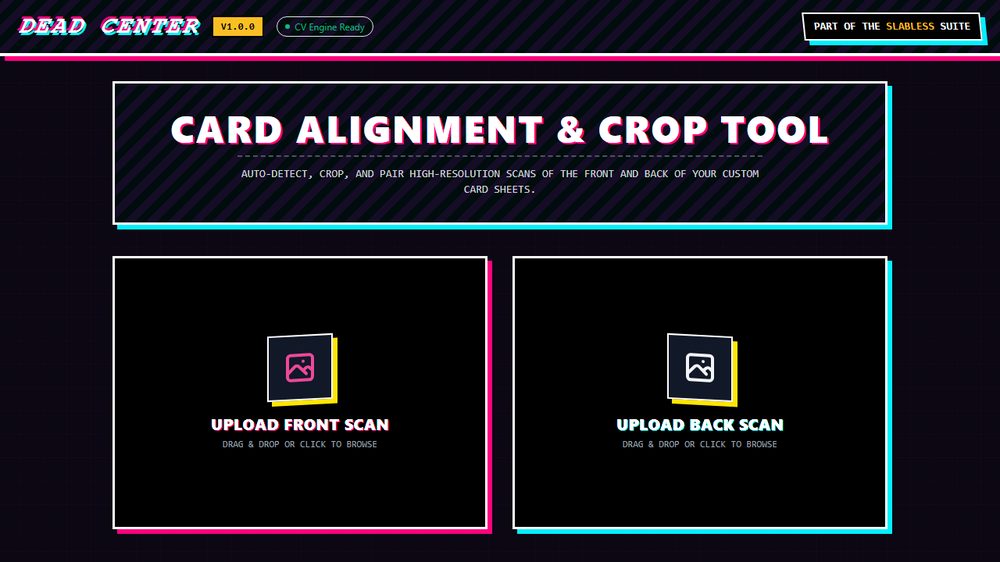 Dead Center card alignment and crop tool with front and back scan upload areas